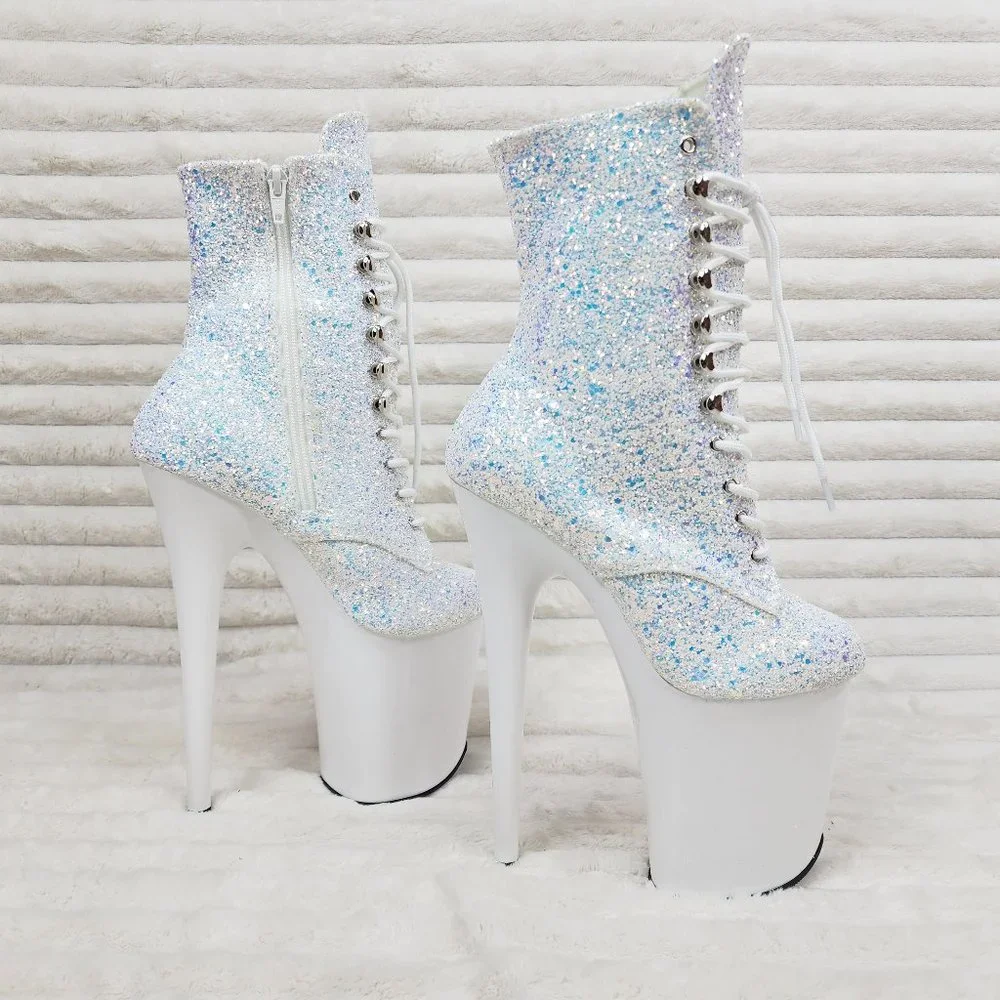 White Ice UV Glitter 8" Platform Heel Ankle Boots Flamingo - Picture 9 of 12
